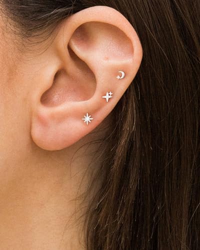 Detalle 2 de HANLI 3Pairs 925 Sterling Silver Star Moon Flat Back Earrings for Women Stud Set