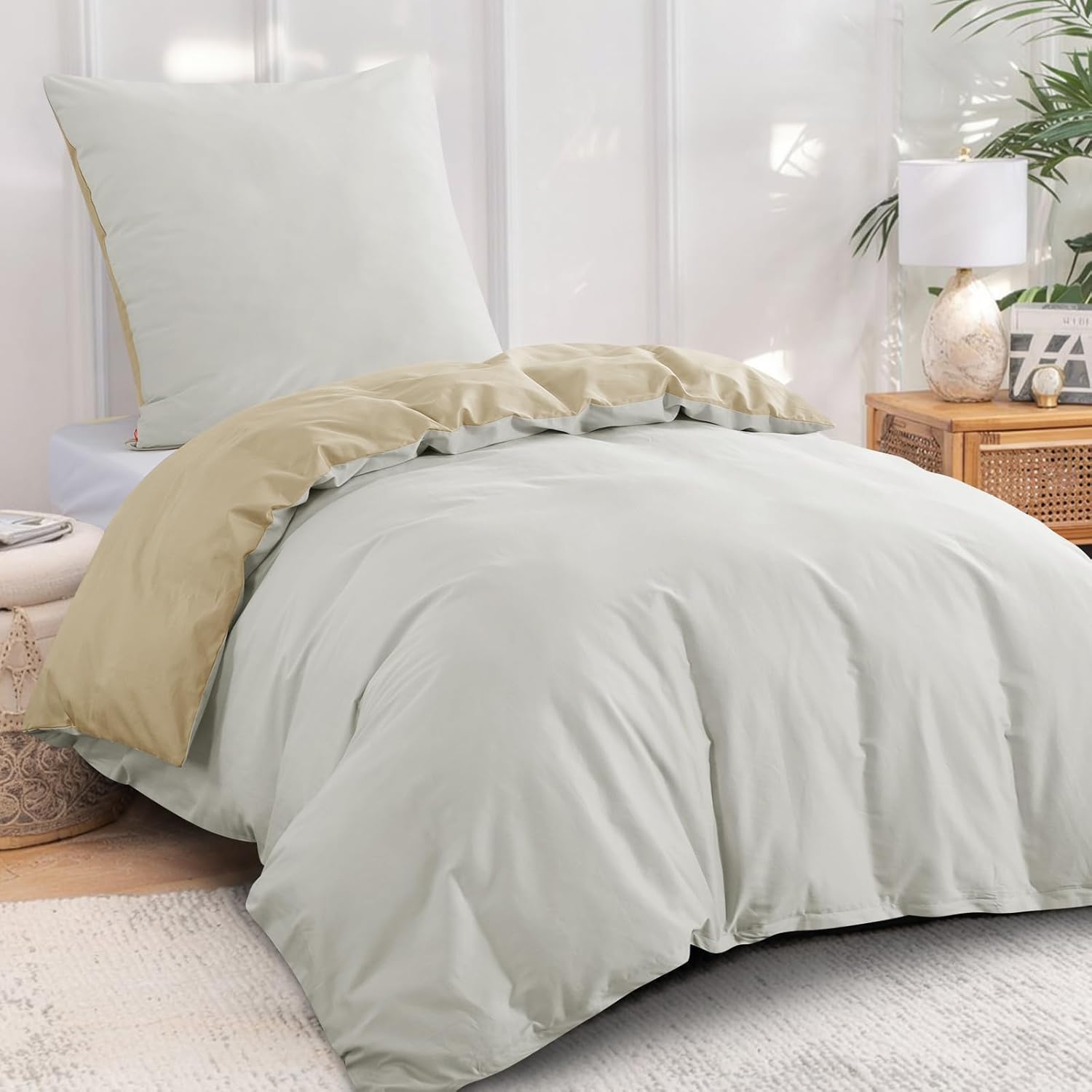 Thumbnail 1 de Aisbo Bettwäsche 140x200 Baumwolle – Khaki Beige Wendebettwäsche Set mit Reißverschluss, ÖKO-TEX, 80x80 Kissenbezug