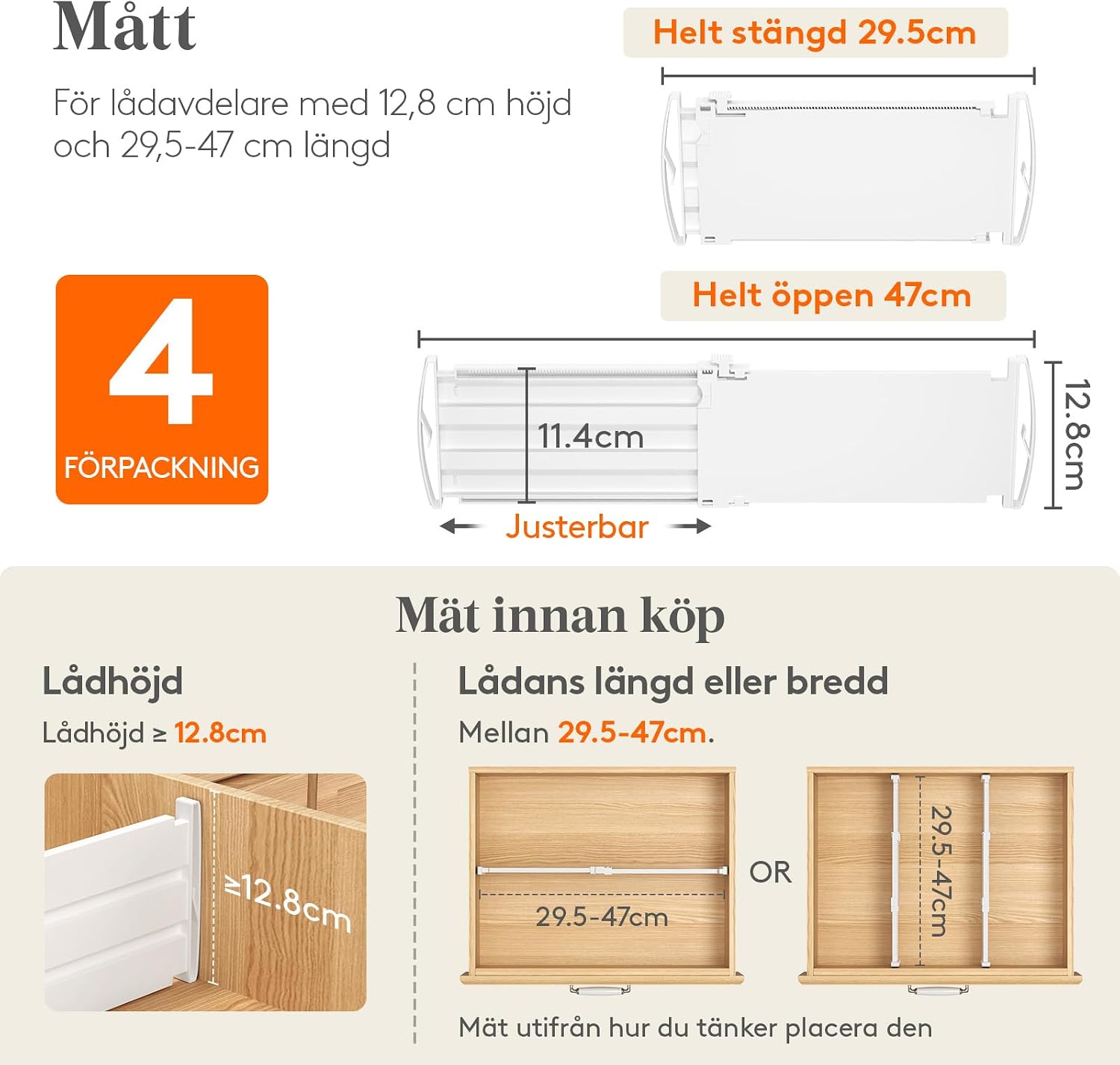 Detalle 2 de Lifewit 25055 justerbara lådavdelare, 4-pack, vita, 29,5–47 cm