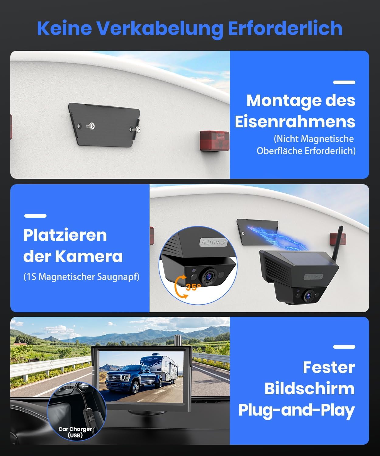 Thumbnail 2 de AUTO-VOX kabellose Rückfahrkamera mit Solar & Magnet, 5" 1080P Monitor (bis 115 m)