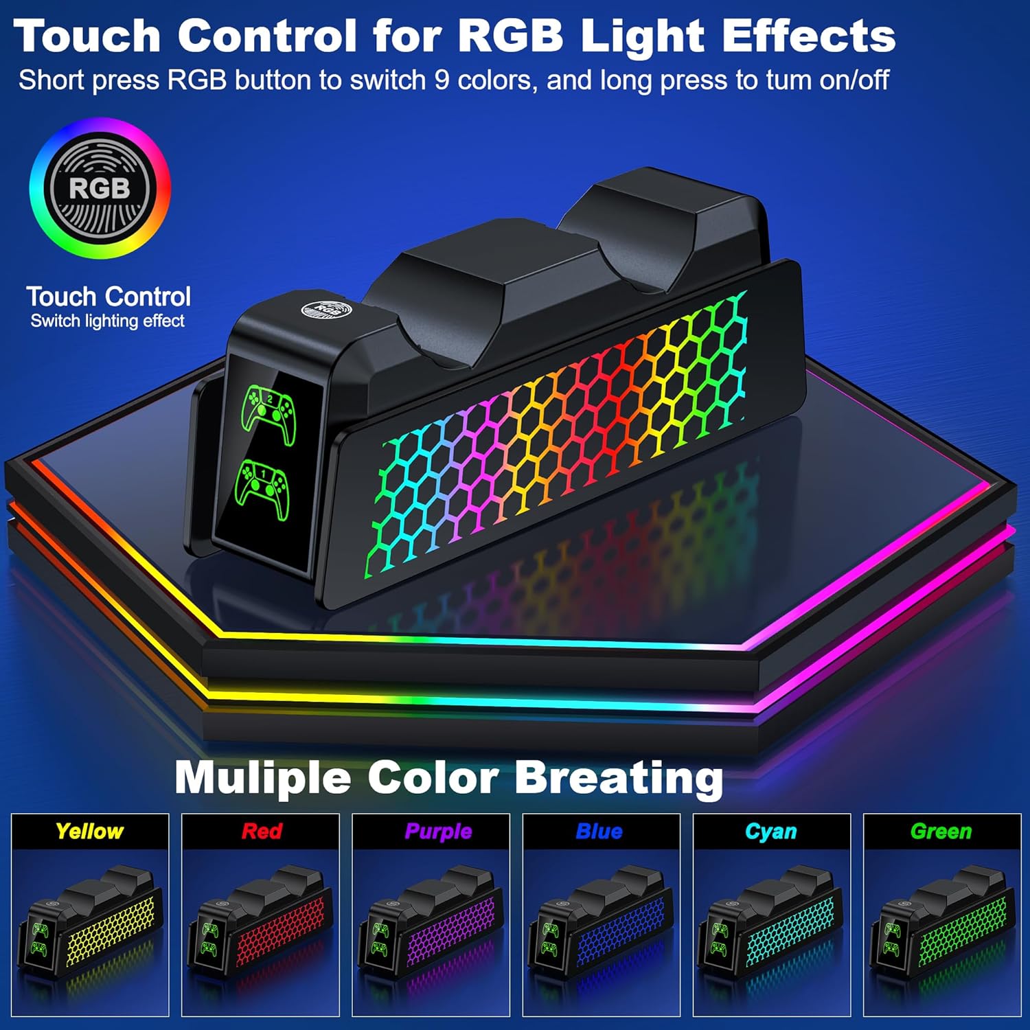 Detalle de PS5 Controller Ladestation mit RGB-Beleuchtung und 2‑Kanal Ladefunktion