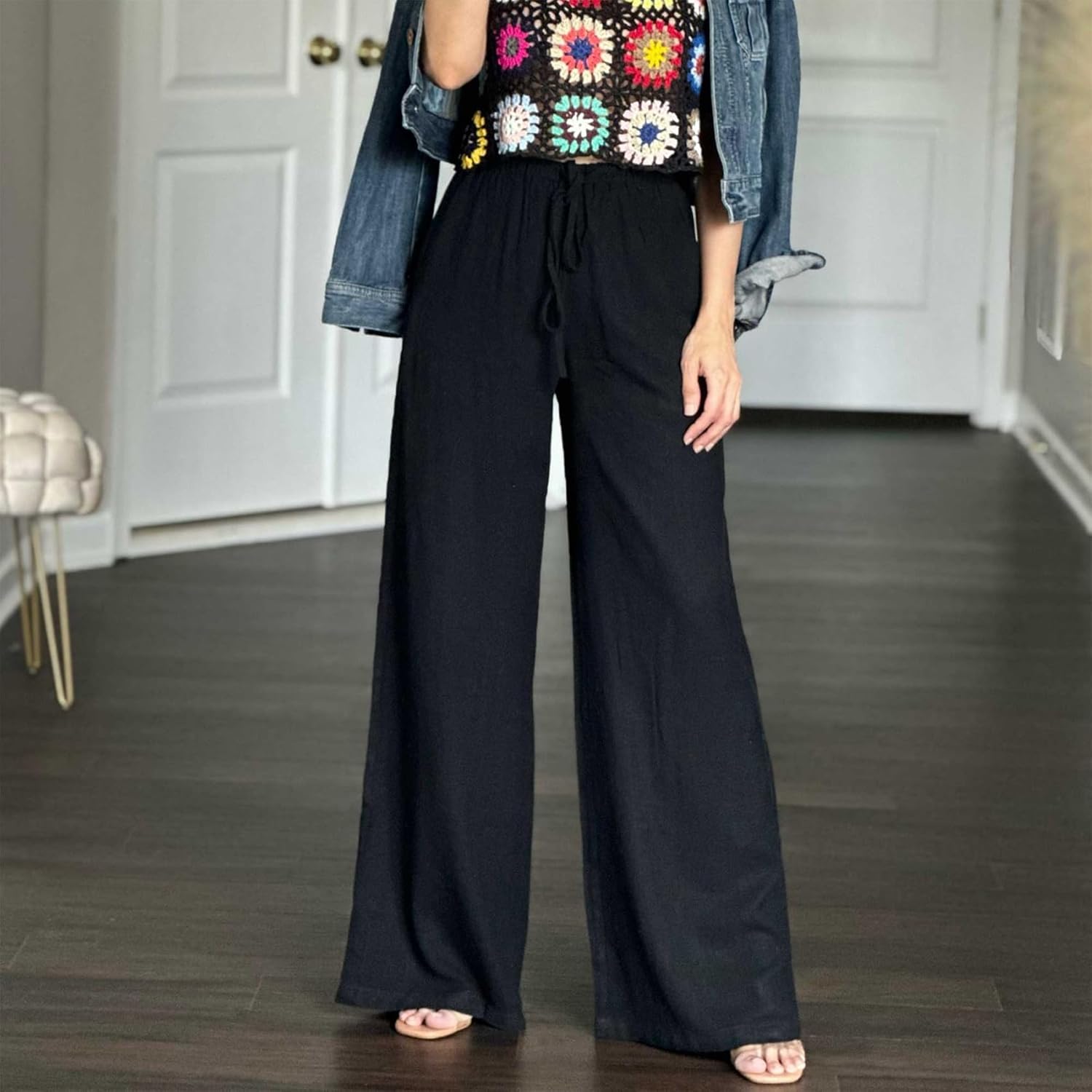 Thumbnail 1 de Women’s Cotton-Linen Palazzo Pants with Elastic Waist and Pockets (Wide-Leg Casual Trousers) by Duyang