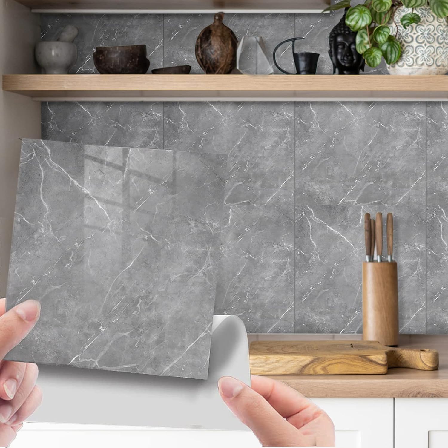 Fantasnight Marble Stick-on Tiles 30 x 30cm (24 pcs) – Grey PET peel and stick glossy wall tile stickers