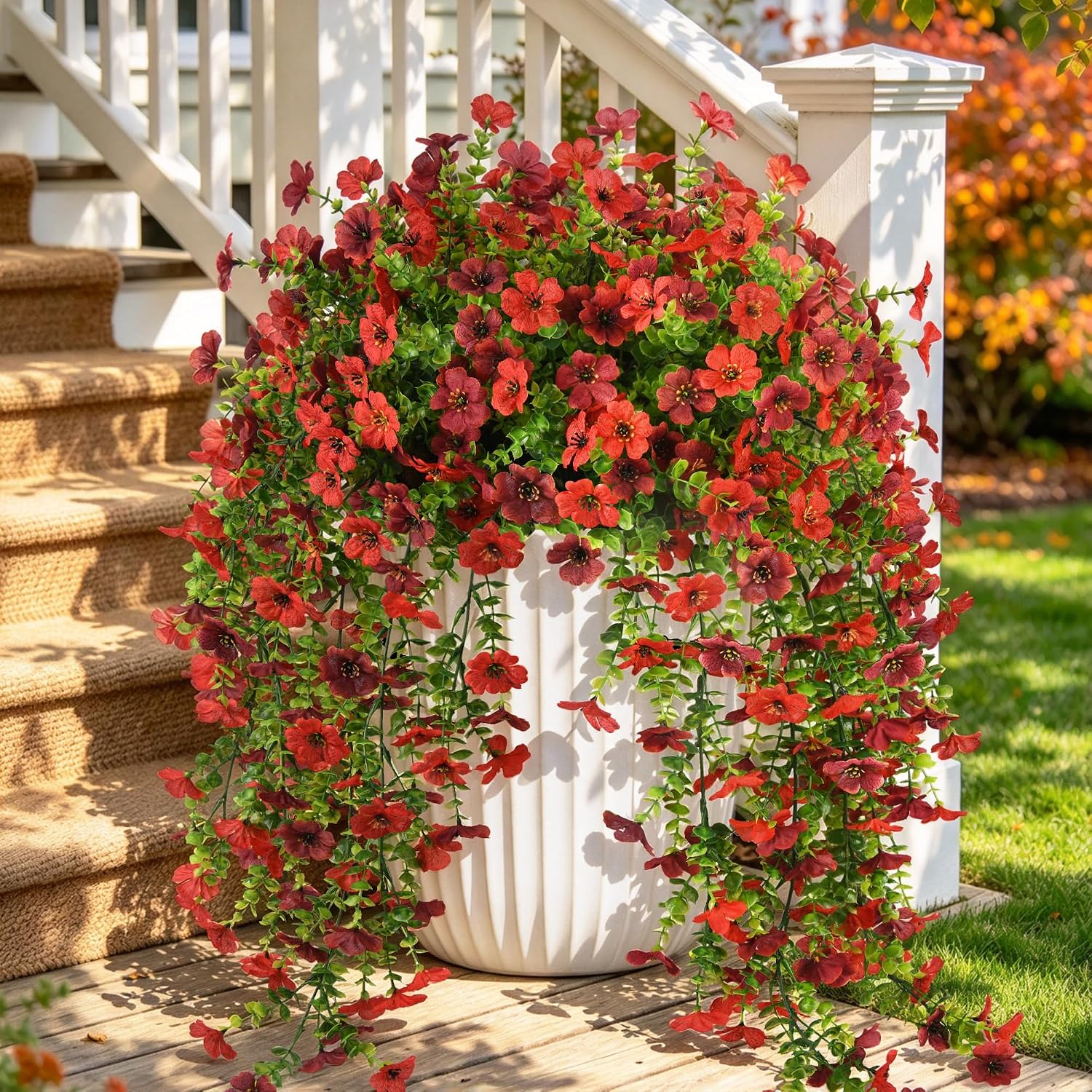Detalle de Artificial Hanging Flowers for Outdoors (2-Pack) — UV-Resistant Faux Silk Daisy for Porch, Patio & Yard Decor (Red Brown)