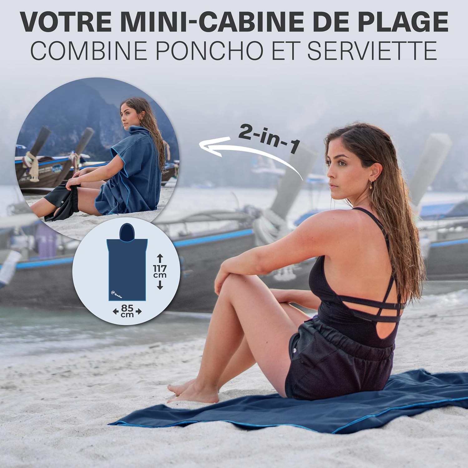 Detalle de NirvanaShape Serviettes Microfibre : poncho de bain absorbant et léger, idéal pour le voyage, le sport et le yoga