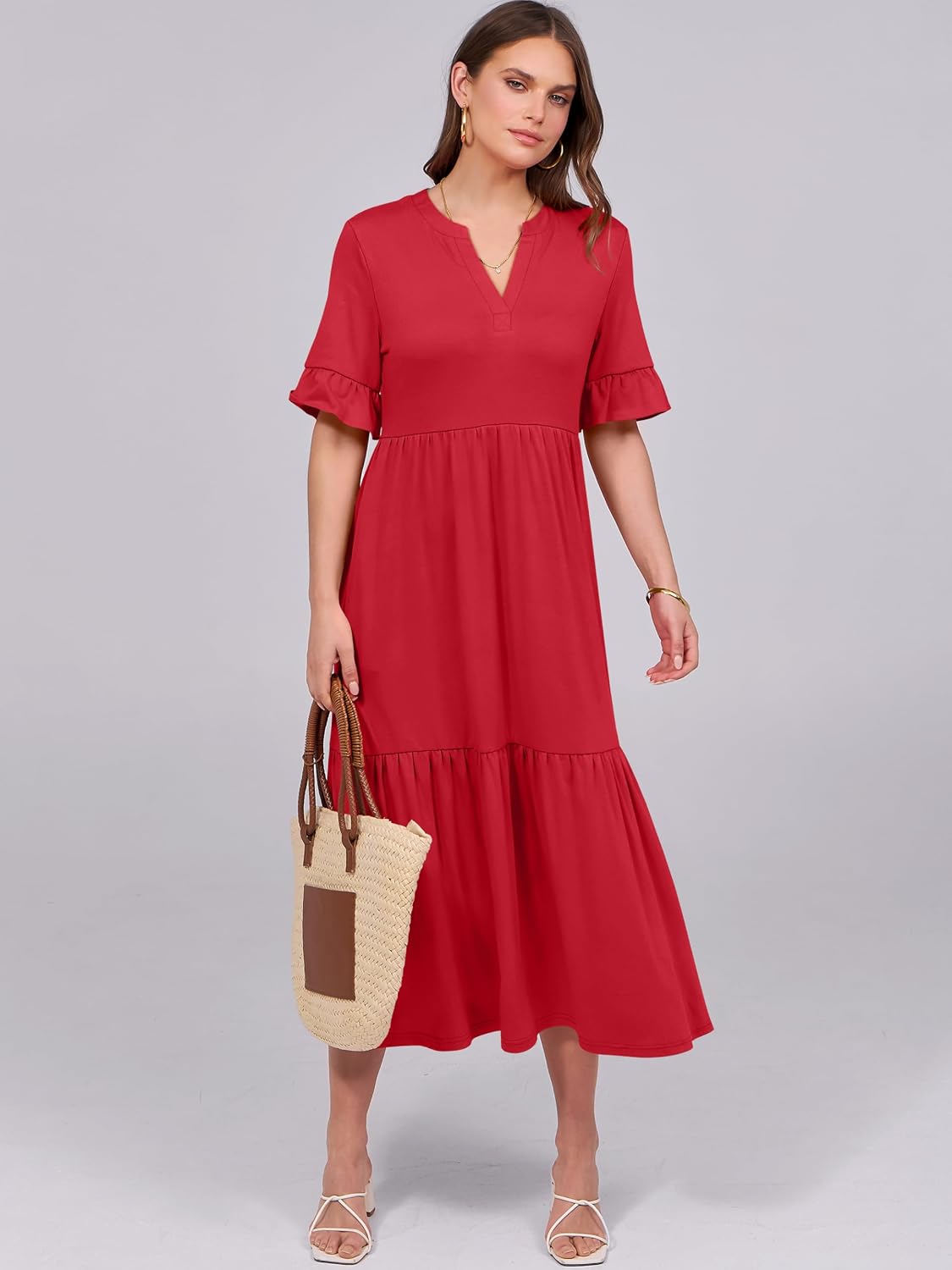 Detalle de ANRABESS Womens Summer Maxi Dress: Casual Ruffle Sleeve V-Neck Boho Midi-Vibe