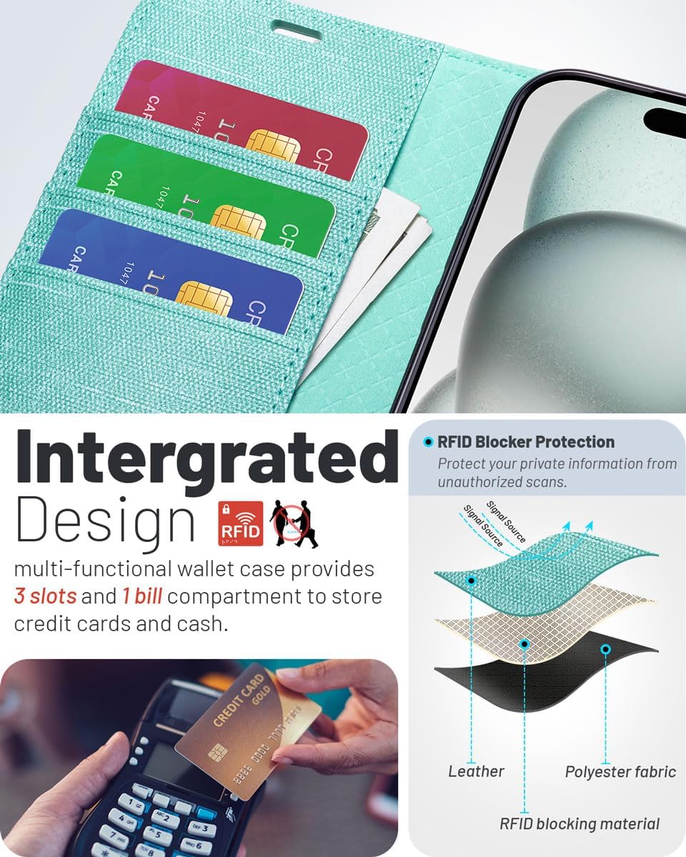 Detalle de OCASE iPhone 16 Pro Hülle mit Kartenfach, Standfunktion & RFID-Schutz (PU-Leder) – Klapphülle für 6,3 Zoll