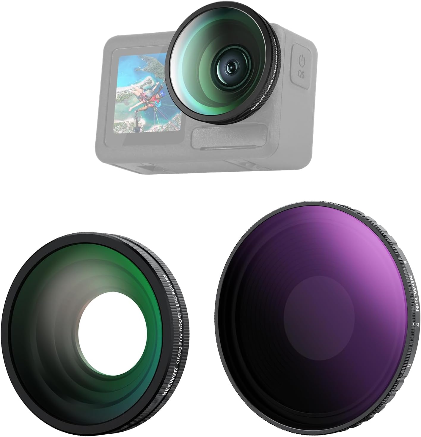 Detalle de NEEWER Variables ND Filter Objektiv Set – Graufilter kompatibel mit DJI Osmo Action 5 Pro/4 (ND8-32, 185° FOV)