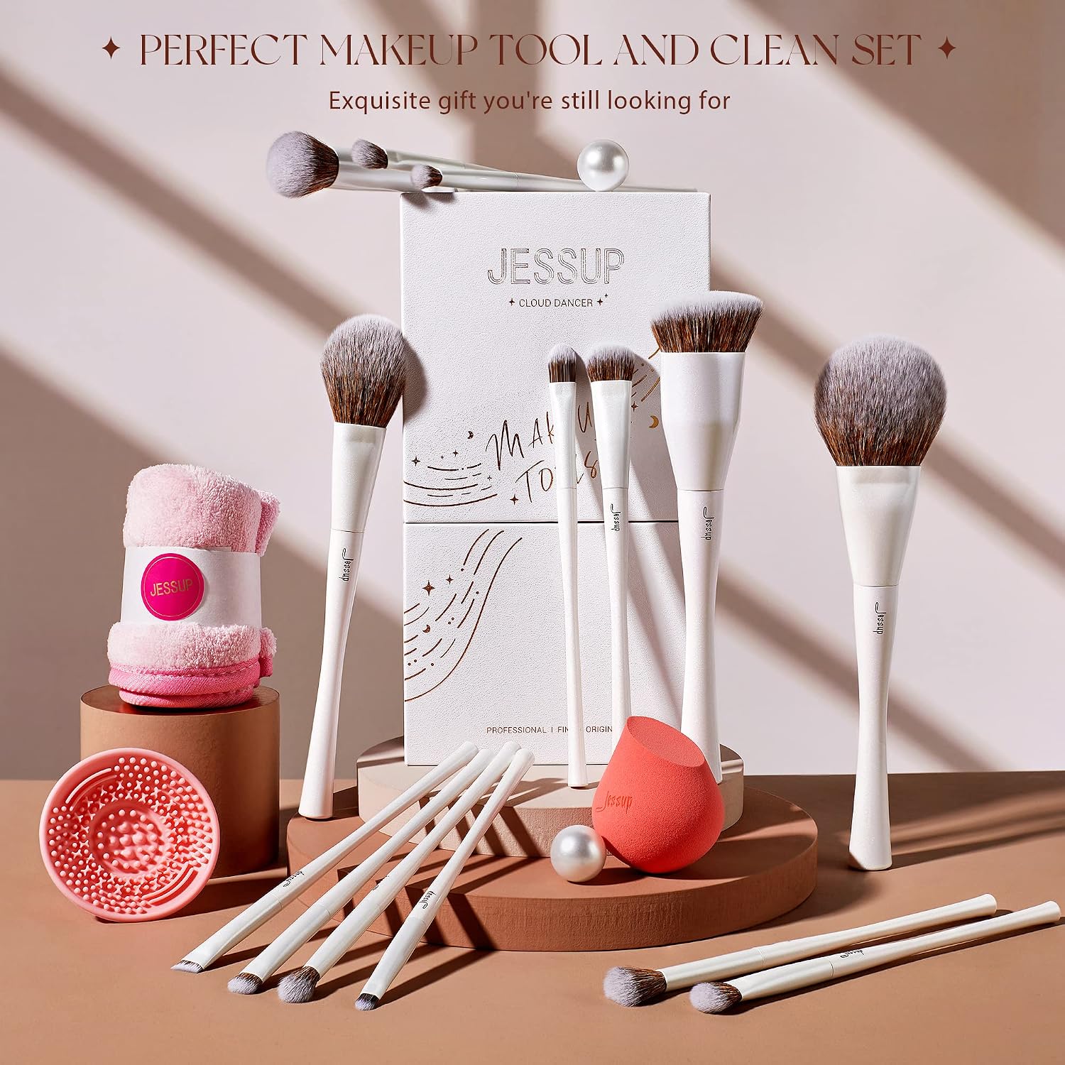 Detalle de Set Jessup de 14 pinceaux maquillage (fond de teint, poudre, blush, yeux) + éponge + tapis de nettoyage