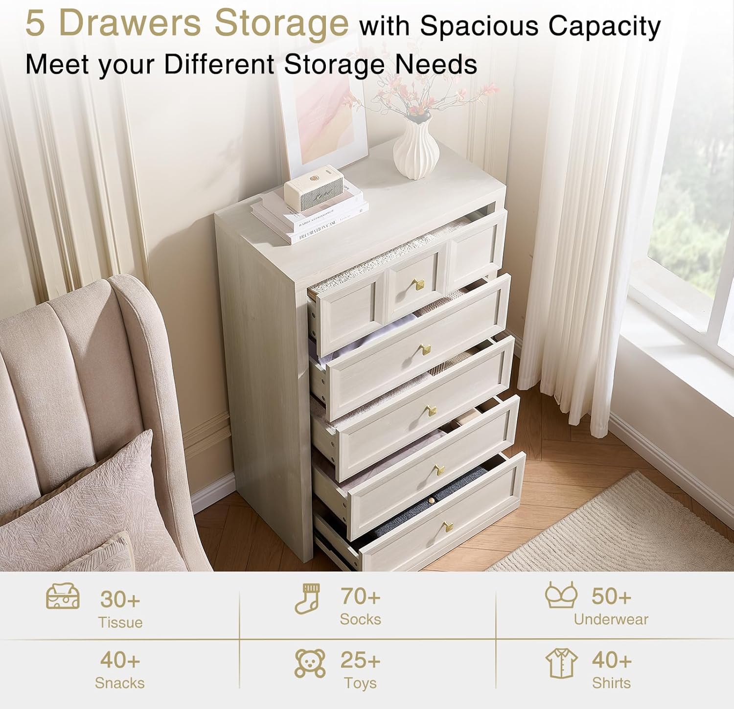 Detalle 1 de Yikingbay YBKDG002 5-Drawer Dresser, Gray-White Textured Finish