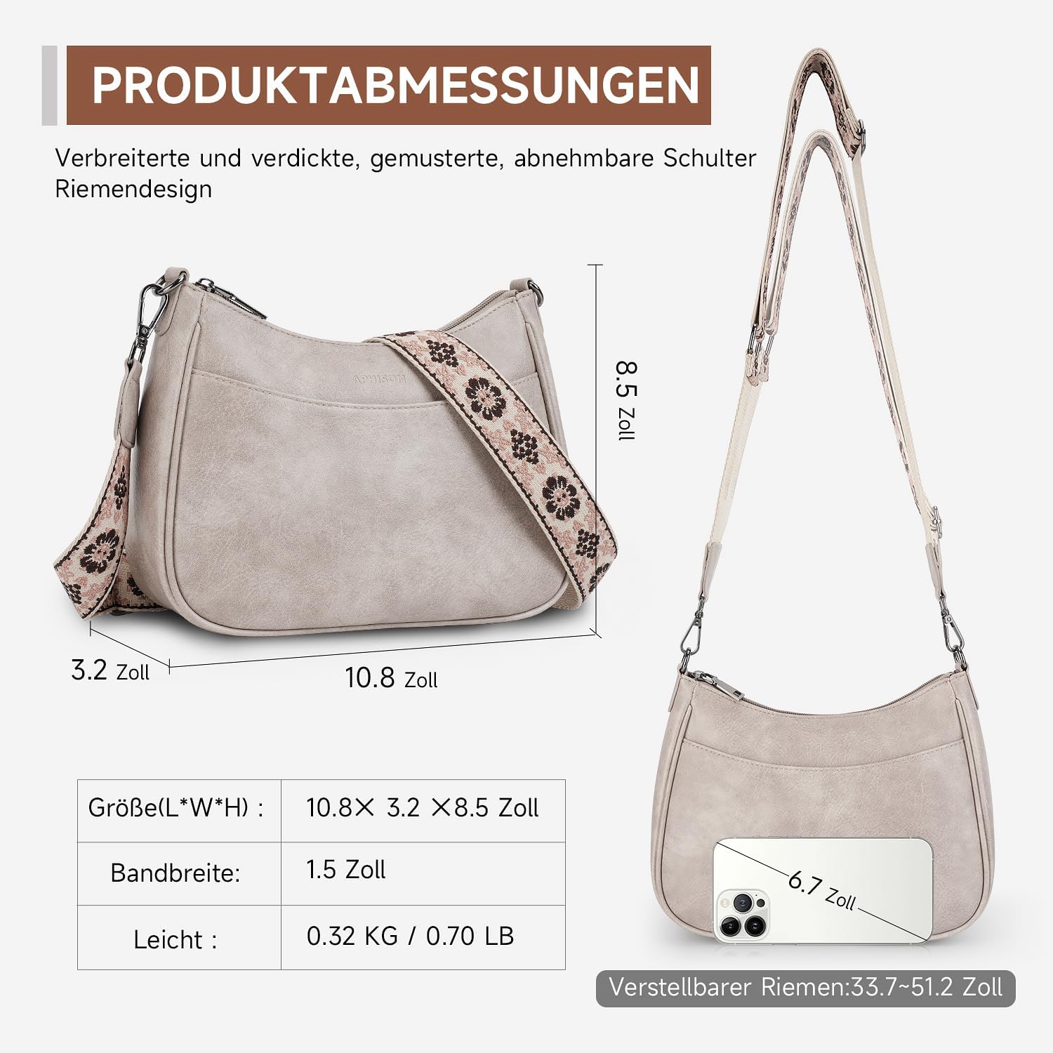 Thumbnail 5 de APHISON Klein Crossbody Bag mit breitem Gurt – graue Umhängetasche aus veganem Leder mit abnehmbarem Schultergurt