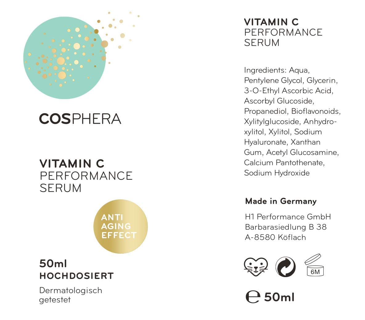 Detalle 2 de Cosphera Vitamin C Performance Serum hochdosiert 50 ml – Vitamin-C-Konzentrat-Gel mit Hyaluronsäure