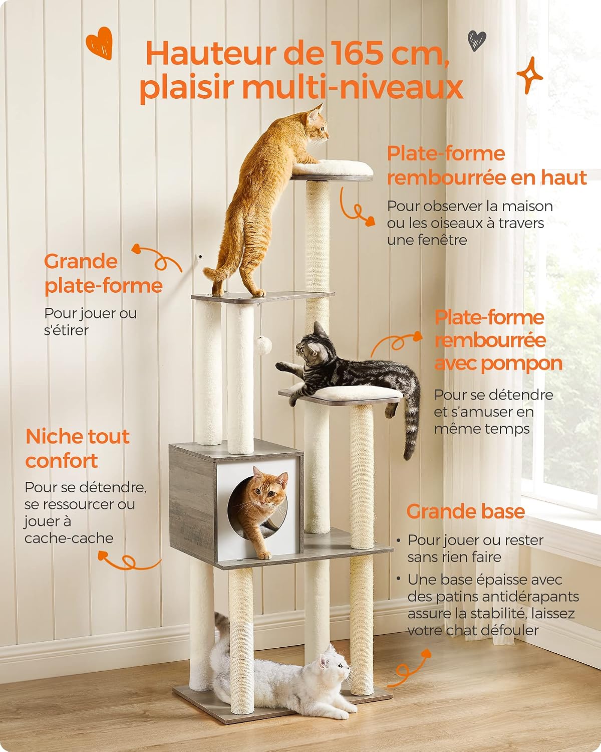 Thumbnail 3 de Feandrea Arbre à Chat — Tour de Jeux Moderne 165 cm avec 9 Griffoirs et Coussins Lavables