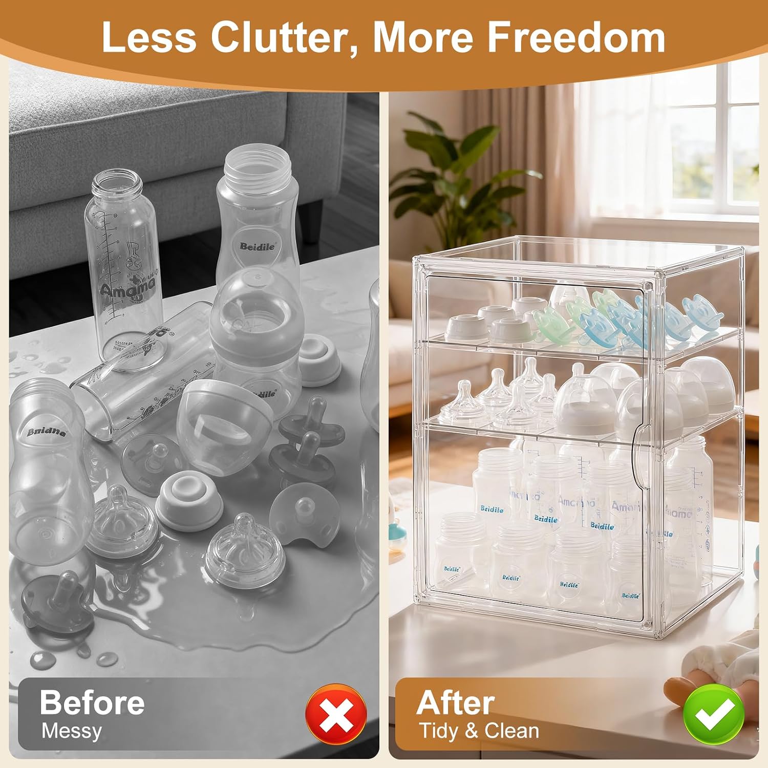 Detalle de ERTIUANIO YENPSNX-0106 3-Tier Baby Bottle Organizer, Clear Plastic, Magnetic Door