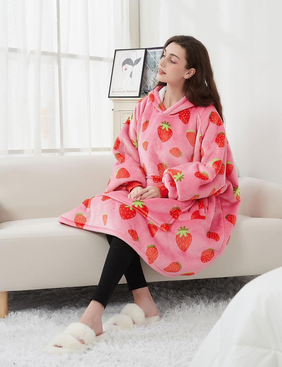 Thumbnail 4 de KFUBUO Wearable Blanket Hoodie for Adults Sherpa Strawberry Blanket Hoodie