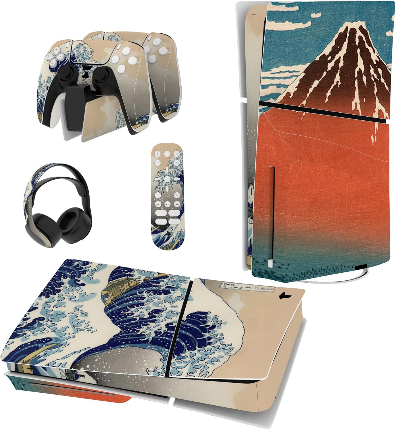 Detalle de PlayVital Full Set Skin Sticker for PS5 Slim Console Disc Edition (The Great Wave) – Complete Vinyl Decal Cover Set