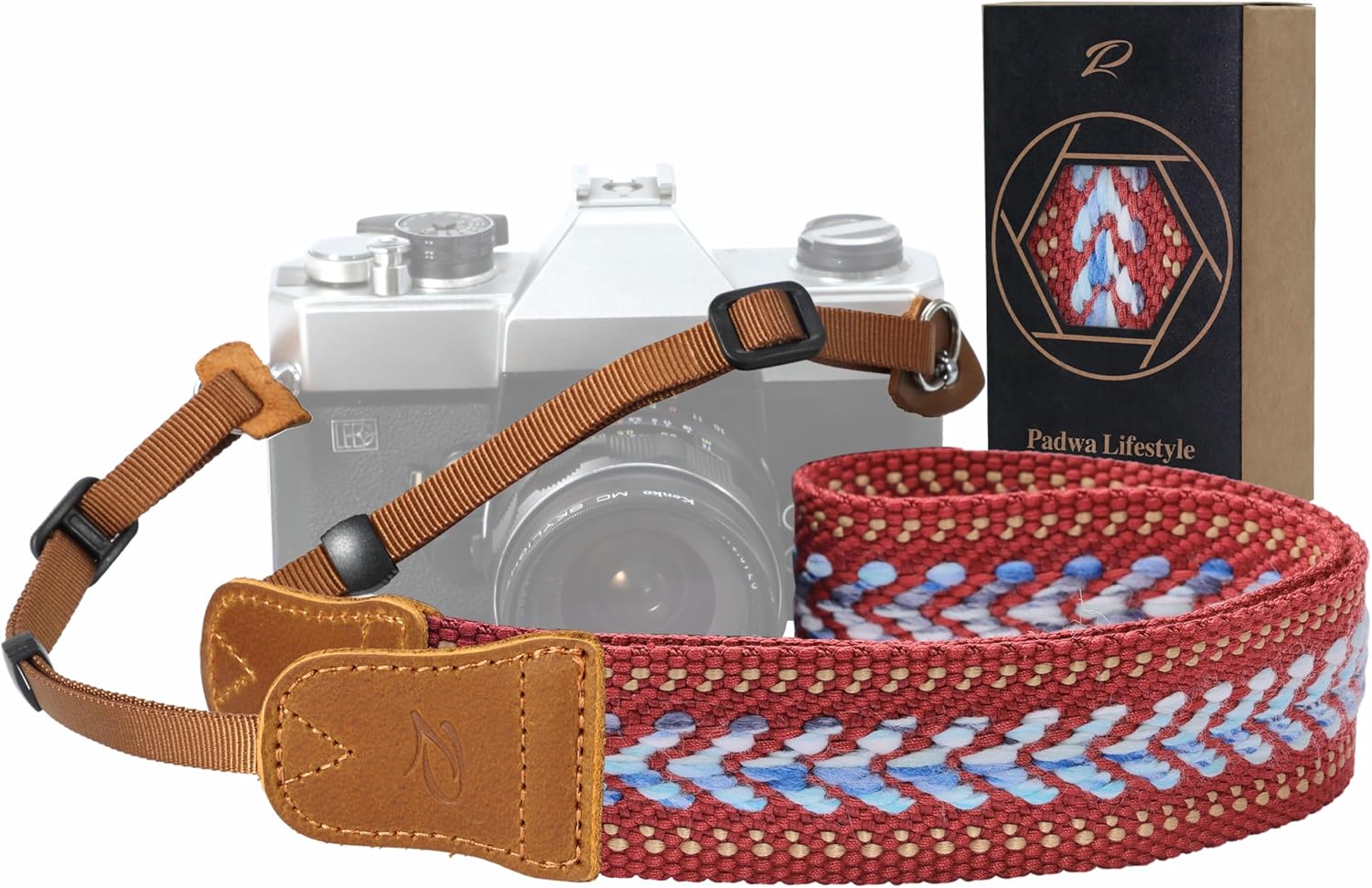 Detalle de Padwa Lifestyle Speed Red Camera Strap – 1.5" Soft Cotton Rope Weave with Crazy Horse Cowhide Ends