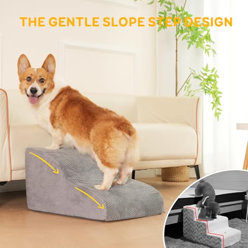 Detalle de YunNasi escalera para perros de 3 etapas con rampa para mascotas (3 pasos, gris) con funda lavable
