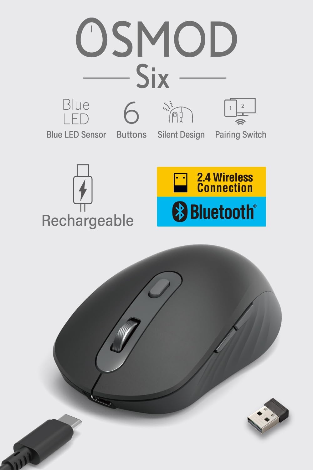 Detalle 2 de エレコム OSMOD Six M-MY35MBSABK 静音・充電式ワイヤレスマウス Bluetooth・2.4GHz対応 6ボタン ブラック