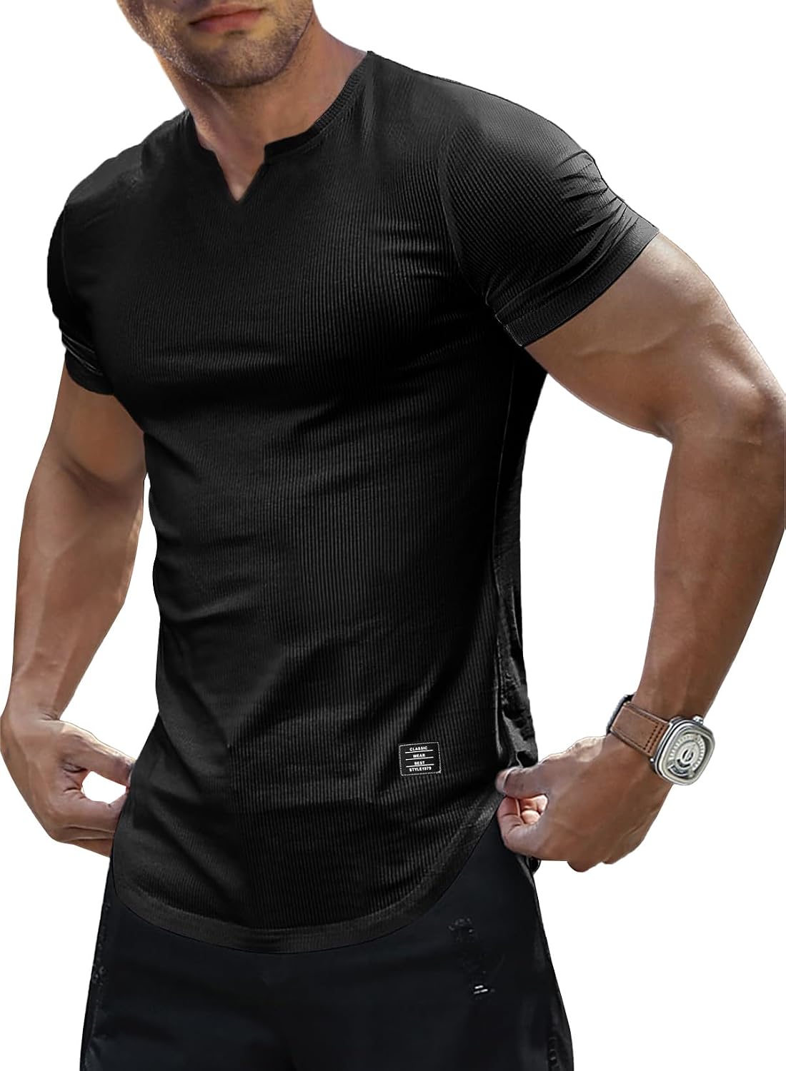 Detalle de JMIERR Men’s Muscle Slim Texture V-Neck Longline Henley T-Shirt