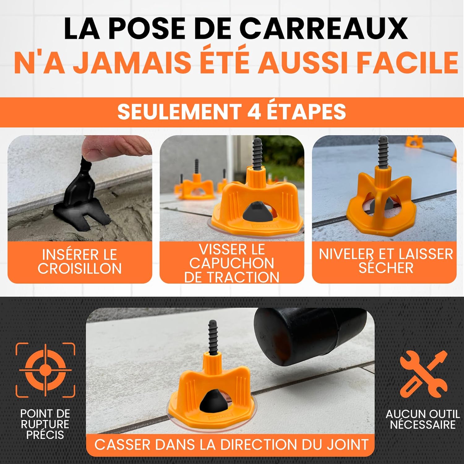 Detalle de RHYSTER Kit Croisillons Autonivelants 3 mm – Starter Pack (302 unités) pour Pose Carrelage