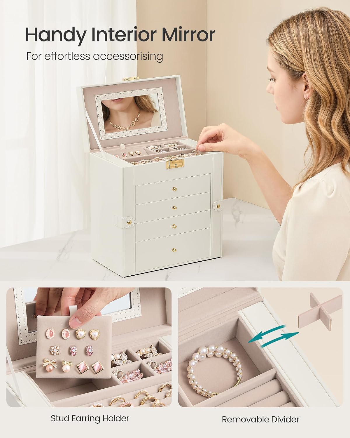 Detalle de SONGMICS Jewellery Box 5 Layers Lockable Organiser with Mirror, Cream White (JBC153WD03)