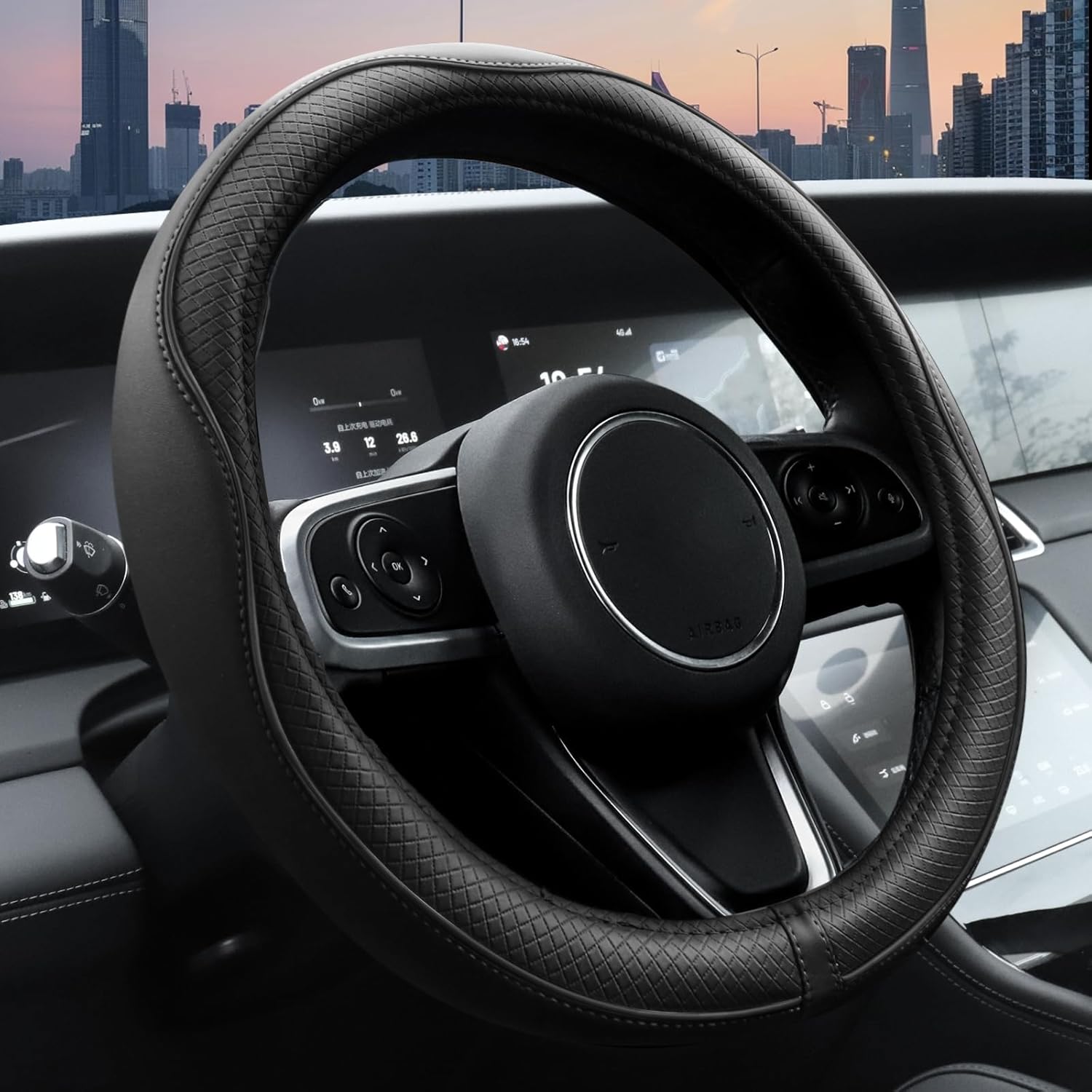 Ouzorp Car Steering Wheel Cover (Universal 14.5–15 in) in Black Microfiber Leather
