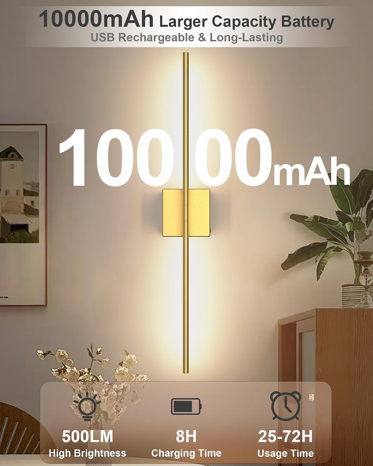 Detalle de iThird New-MDG2P Rechargeable Wall Sconces, Set of 2, Gold, Dimmable