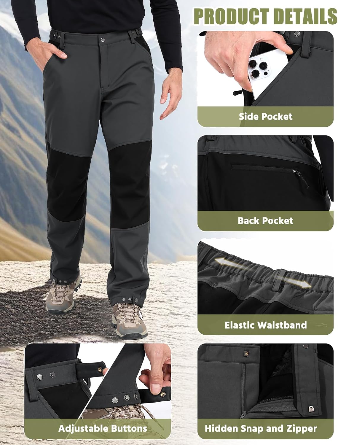 Detalle 2 de Xnova Men's Winter Fleece Lined Hiking Trousers with Water Repellent Shell