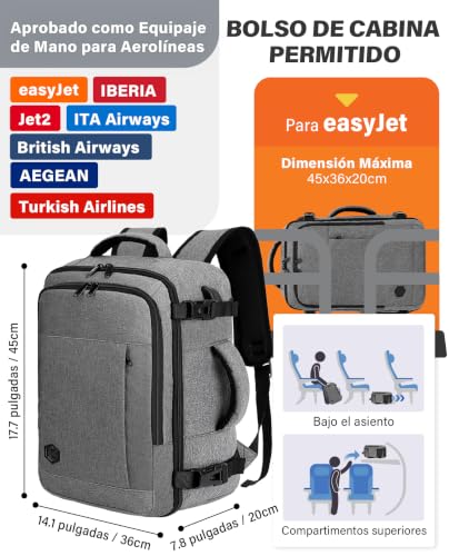 Detalle de Mochila de cabina VANKEV 45x36x20 cm para EasyJet (30 L), organización y comodidad en viaje