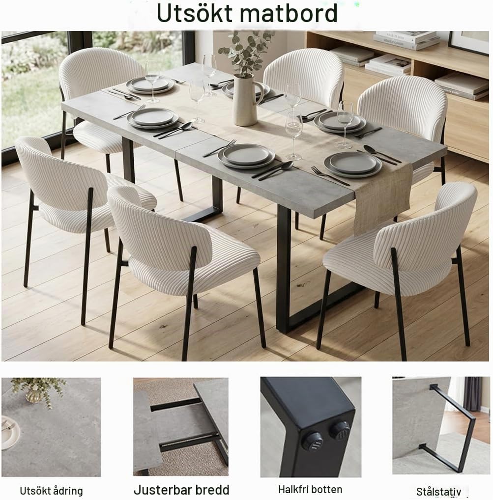Detalle 2 de JIEXI J15+JD8483 matbordsset, utdragbart 130–170 cm med 6 vita manchesterstolar