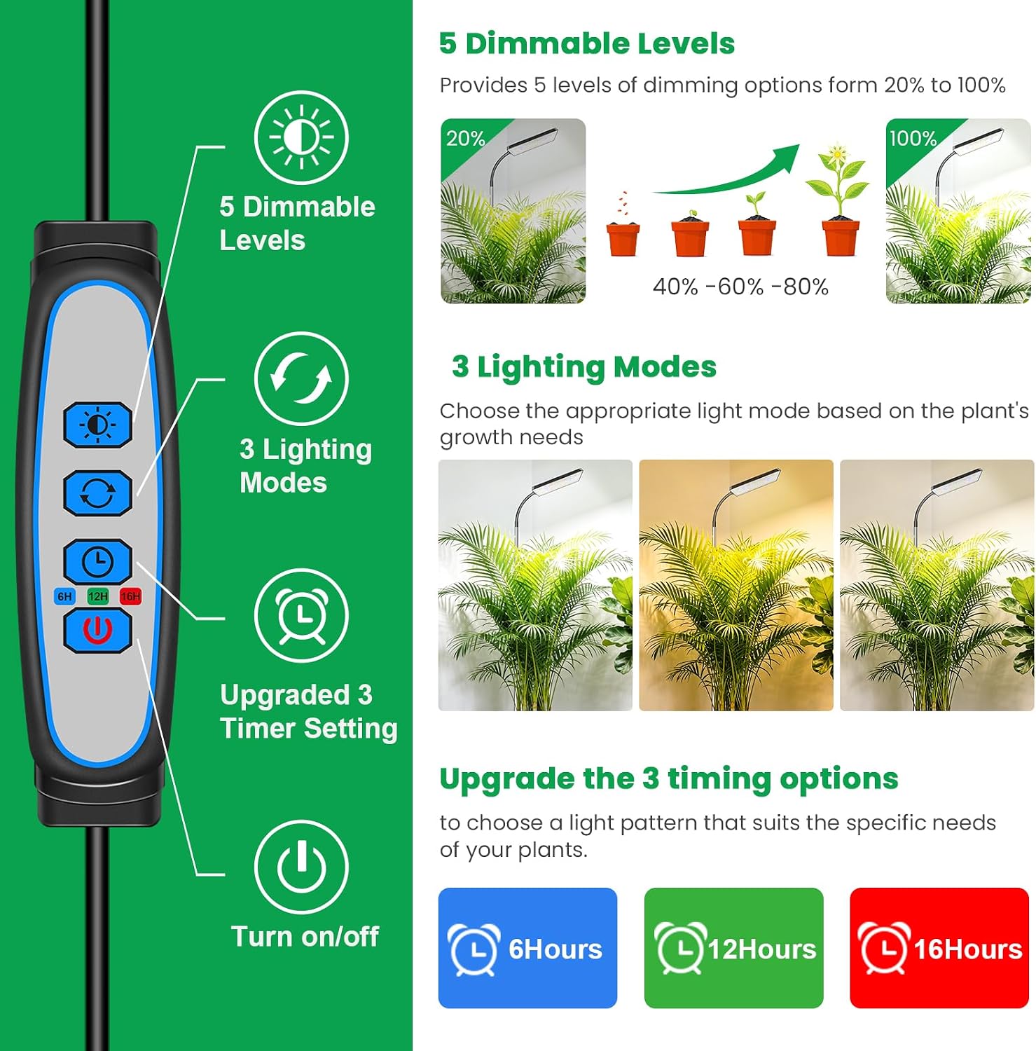 Detalle 1 de Eurbolan Full Spectrum Grow Lights, 306 LEDs, Adjustable Height, 2-Pack