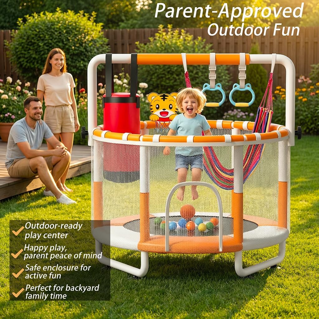Detalle 2 de KINETRA 55" Kids Indoor Trampoline with Safety Net, Adjustable Gymnastics Bar & Toys (Ages 3+)
