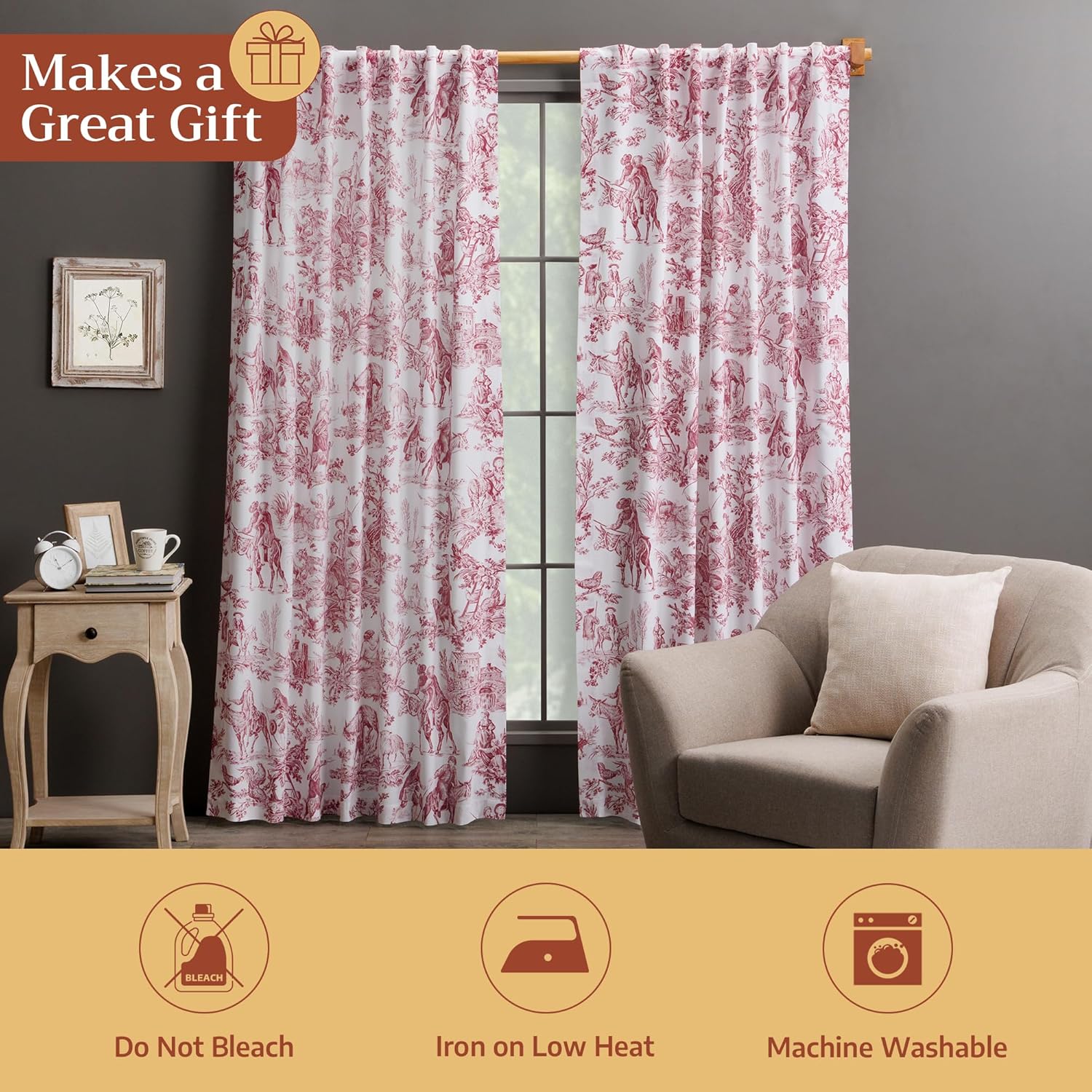 Detalle de Maison d' Hermine The Miller Red Toile Curtains — 50" W x 84" L, 100% Cotton