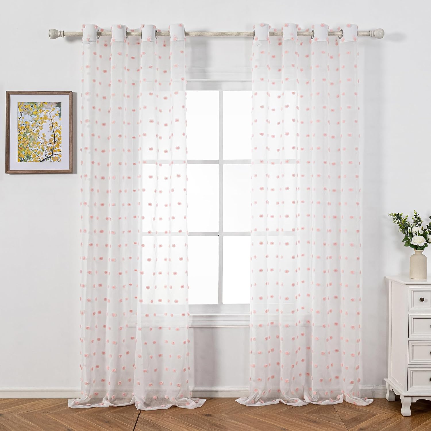 Detalle 2 de MYSKY HOME Vorhänge mit Ösen – 2er Set Rosa, 260 x 140 cm, Transparent mit Stickerei Pomponen