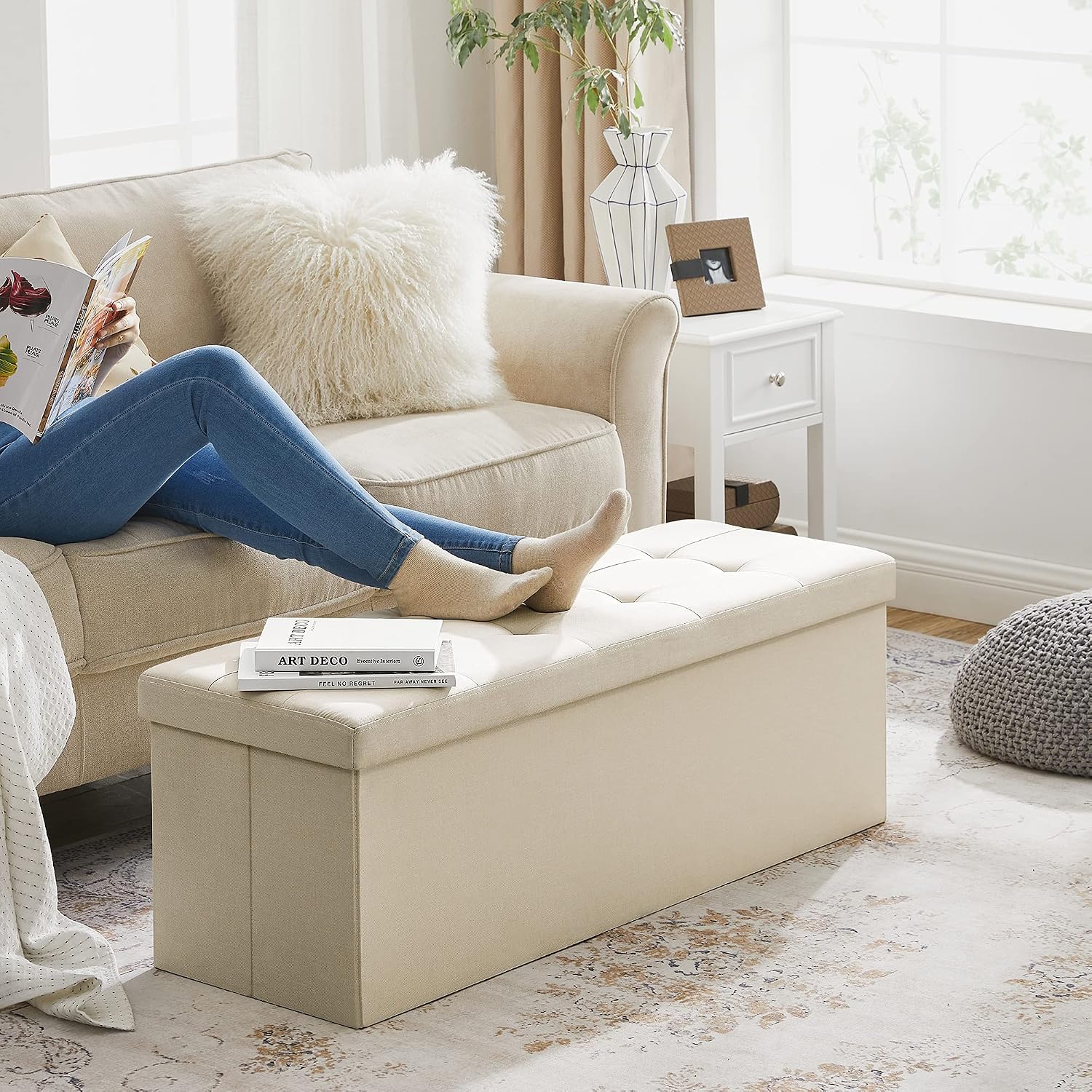 Detalle 2 de SONGMICS MAZIE LSF77BE cassapanca pouf contenitore pieghevole 38 x 110 x 38 cm bianco crema, portata 300 kg