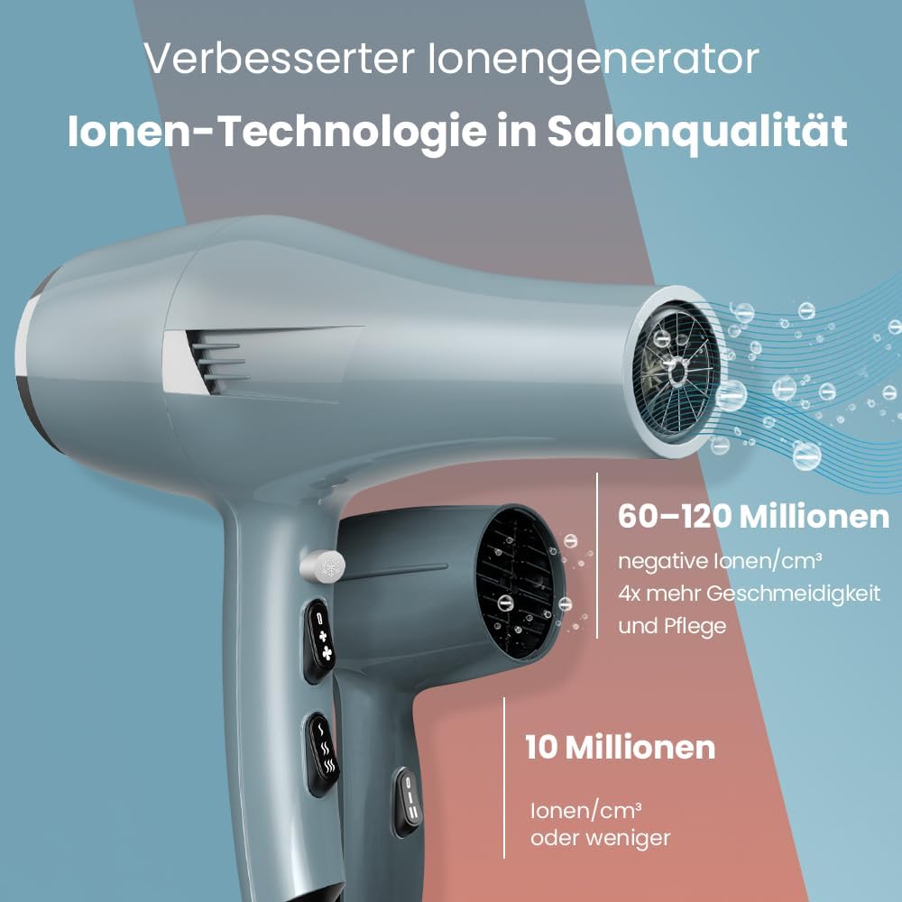 Thumbnail 2 de Profi Föhn Ionen Fön Haartrockner mit Diffusor & Stylingdüsen – 3 Heiz- und 2 Geschwindigkeitsstufen (blau)