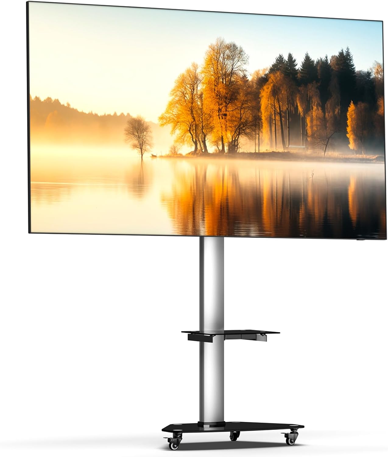 Detalle de XTRARM Proton 300: Supporto TV mobile con ripiano e prese, per schermi 32–75 pollici (fino a 40 kg) in alluminio nero