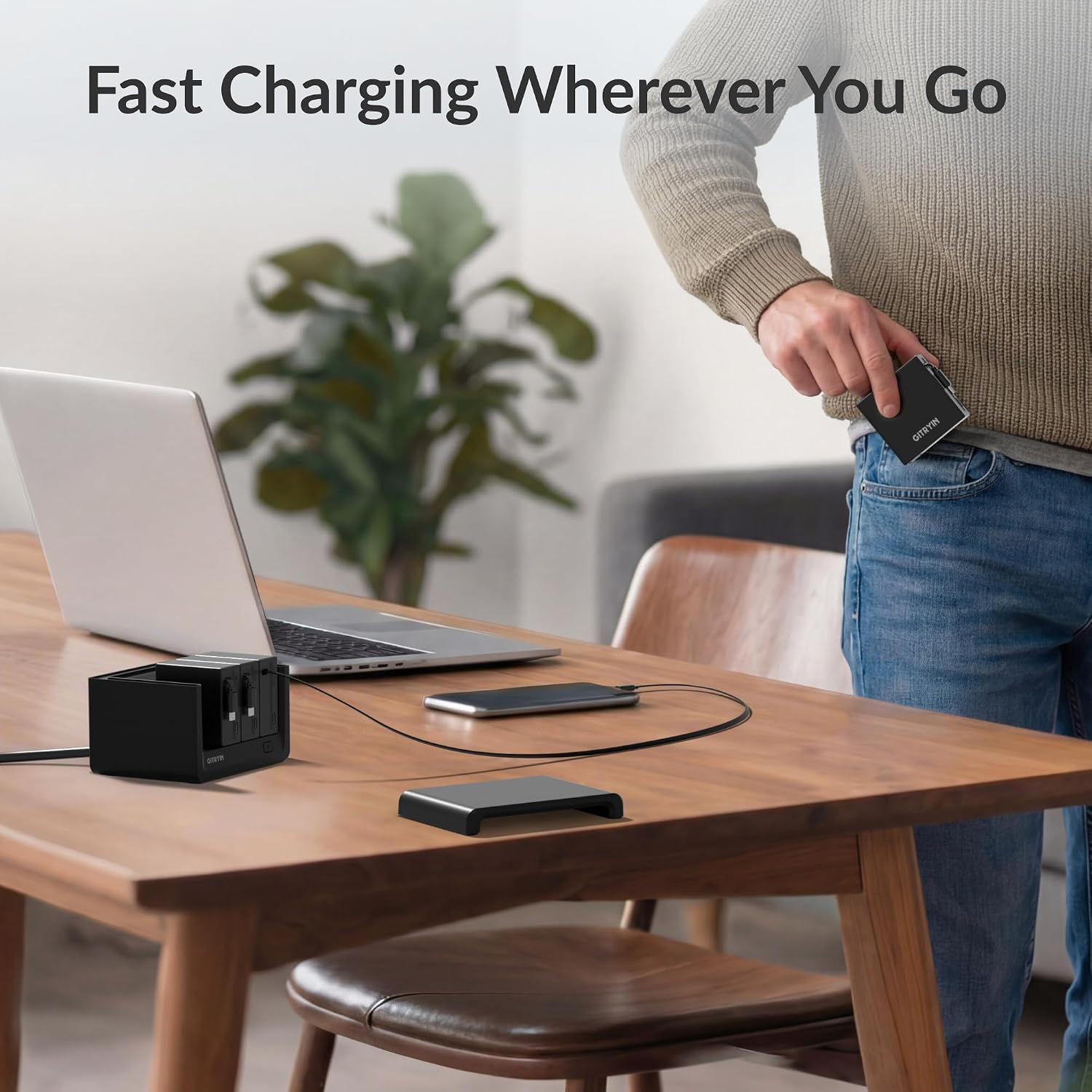 Thumbnail 6 de Gitryin 12-in-1 Desktop Modular Charging Station (12-in-1, 4x65W USB-C Retractable Chargers, 33.5in Built-in Cables, ETL Surge Protector) — Black
