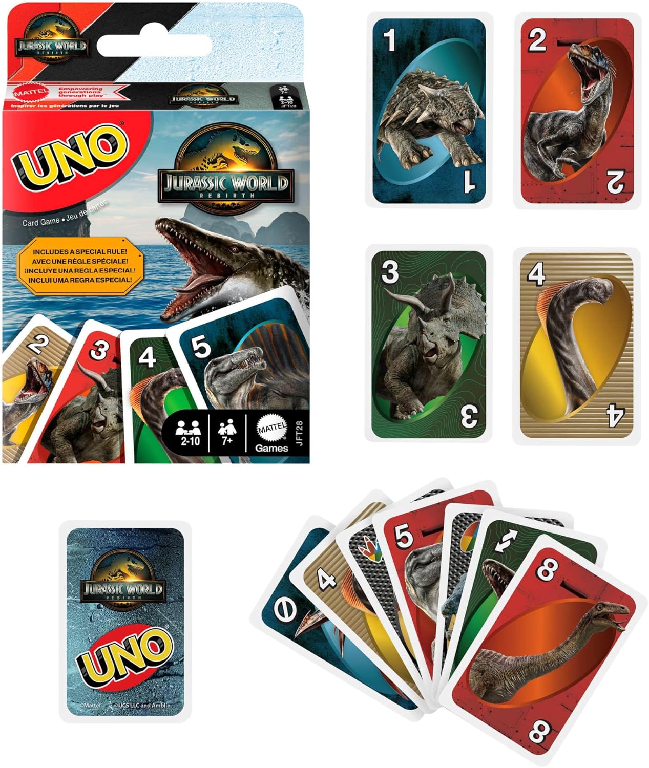Thumbnail 1 de Mattel Games UNO Jurassic World La Rinascita (JFT28) – gioco di carte con regole speciali ispirate al film