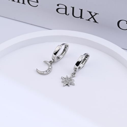 Detalle 2 de 925 Sterling Silver Moon & Star Huggie Hoop Earrings – Handmade Drop Dangle Jewellery