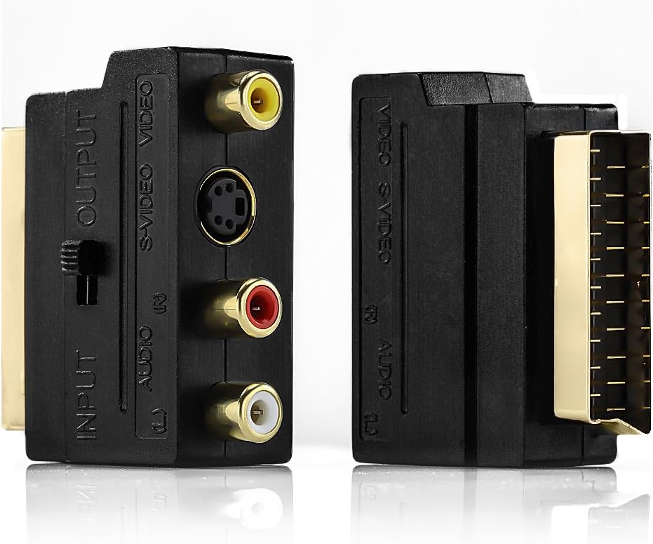 deleyCON Scart auf 3X Cinch Buchsen IN/Out Umschalter + S-Video (S-VHS) – Schwarz