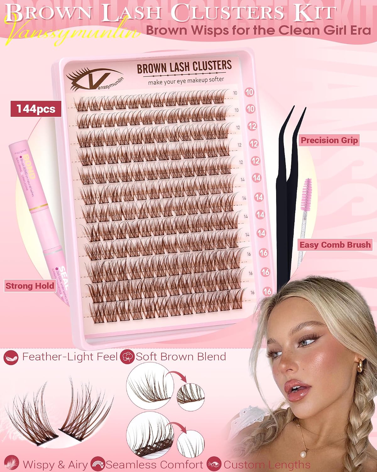 Detalle de Natural Brown Lash Clusters Kit (C Curl) DIY Wispy Eyelash Extensions 10–16mm with Brush