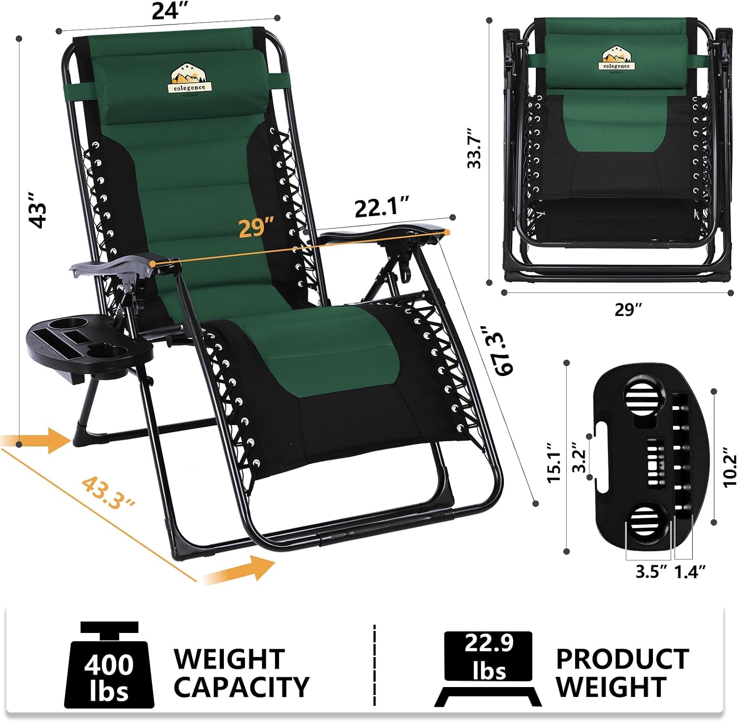 Detalle de Colegence Zero Gravity Chairs, 400-lb Capacity
