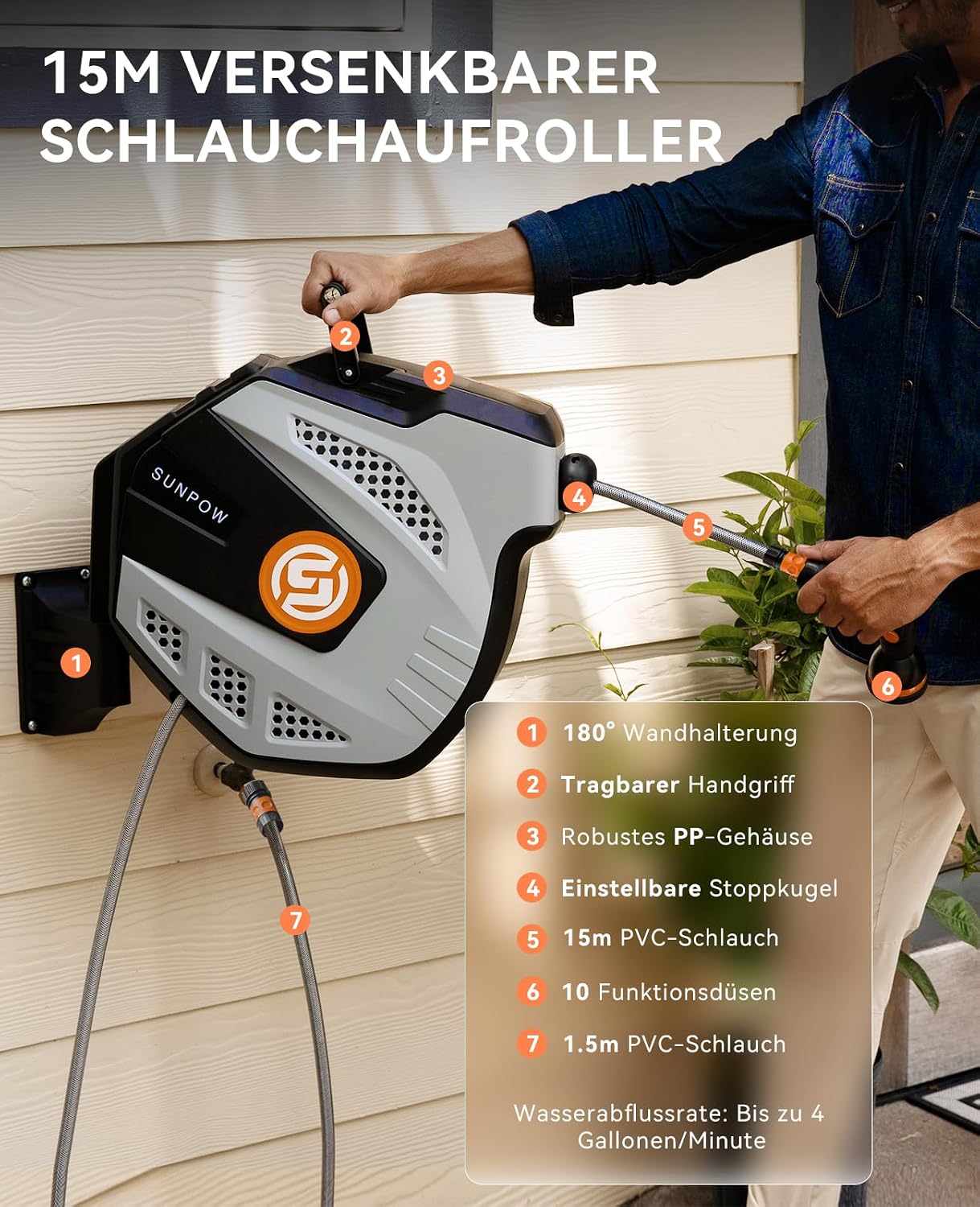 Detalle de SUNPOW Wand-Schlauchbox RollUp (15 m) mit 10-Funktionen-Sprühdüse, 180° Schwenkhalter und Auto-Rewind System – Grau