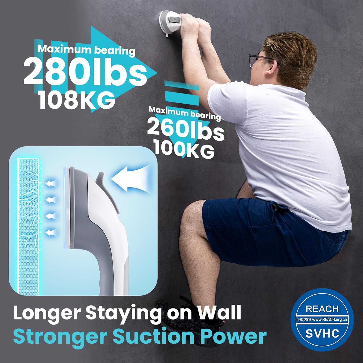 Thumbnail 1 de TAILI Haltegriff Dusche ohne Bohren (MAX 110 kg) mit Saugnapf, 31 cm – abnehmbarer Duschhalter, grau