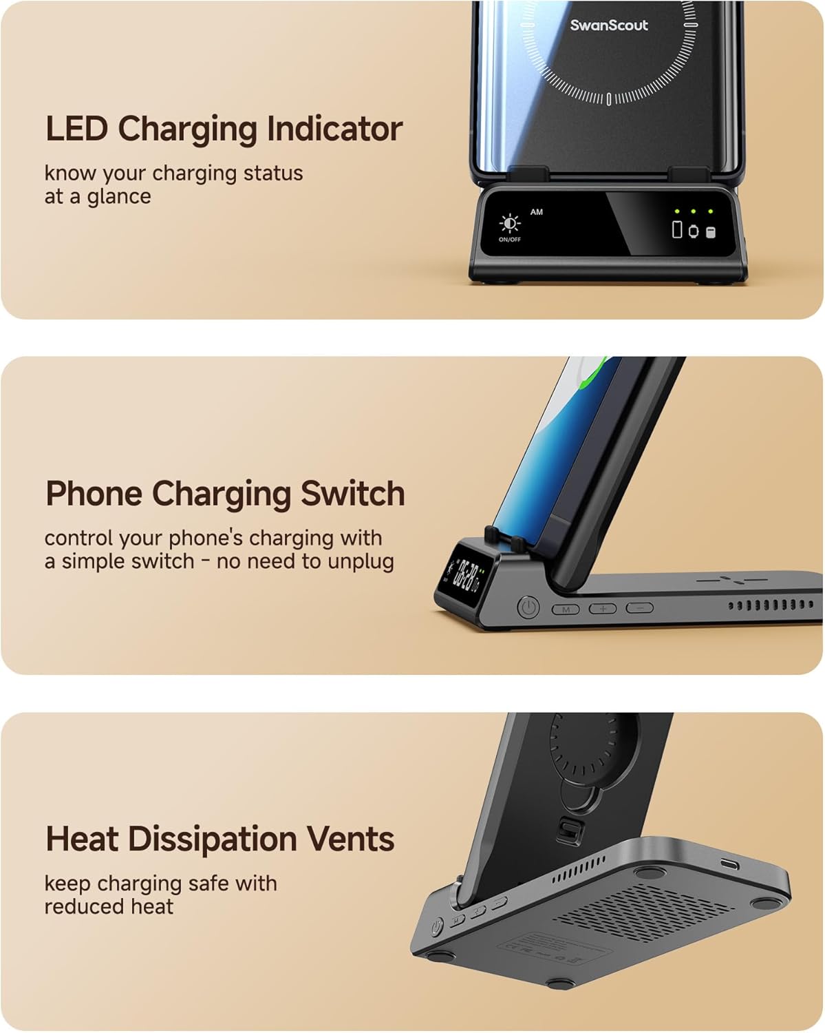 Thumbnail 4 de SwanScout 703S 3-in-1 Wireless Charging Station for Samsung phones, Galaxy Watch & Buds (No Adapter)