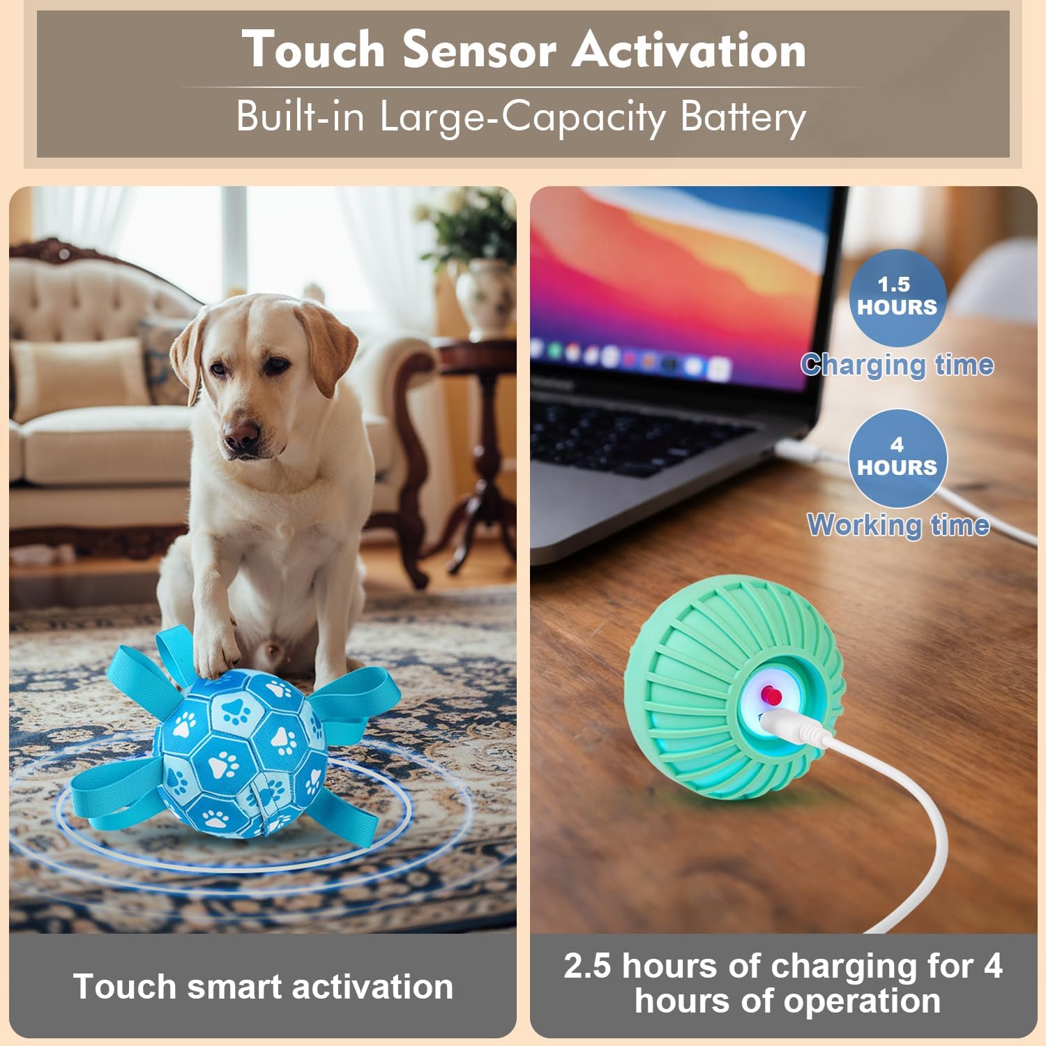 Detalle de Qraxond Interaktive Hundespielzeuge – Hundefußball mit USB-Akku, blau