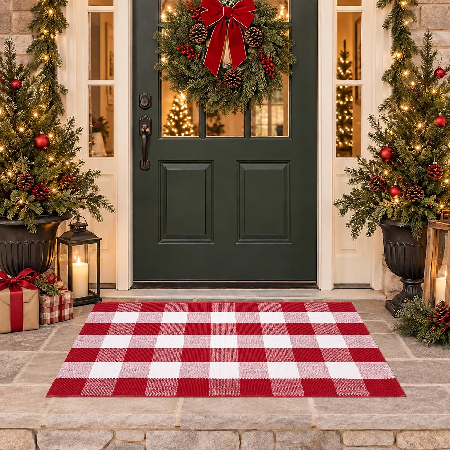 Detalle 2 de Homydecor Red and White Plaid Doormat, 28 x 43 Inches, Reversible Flatweave
