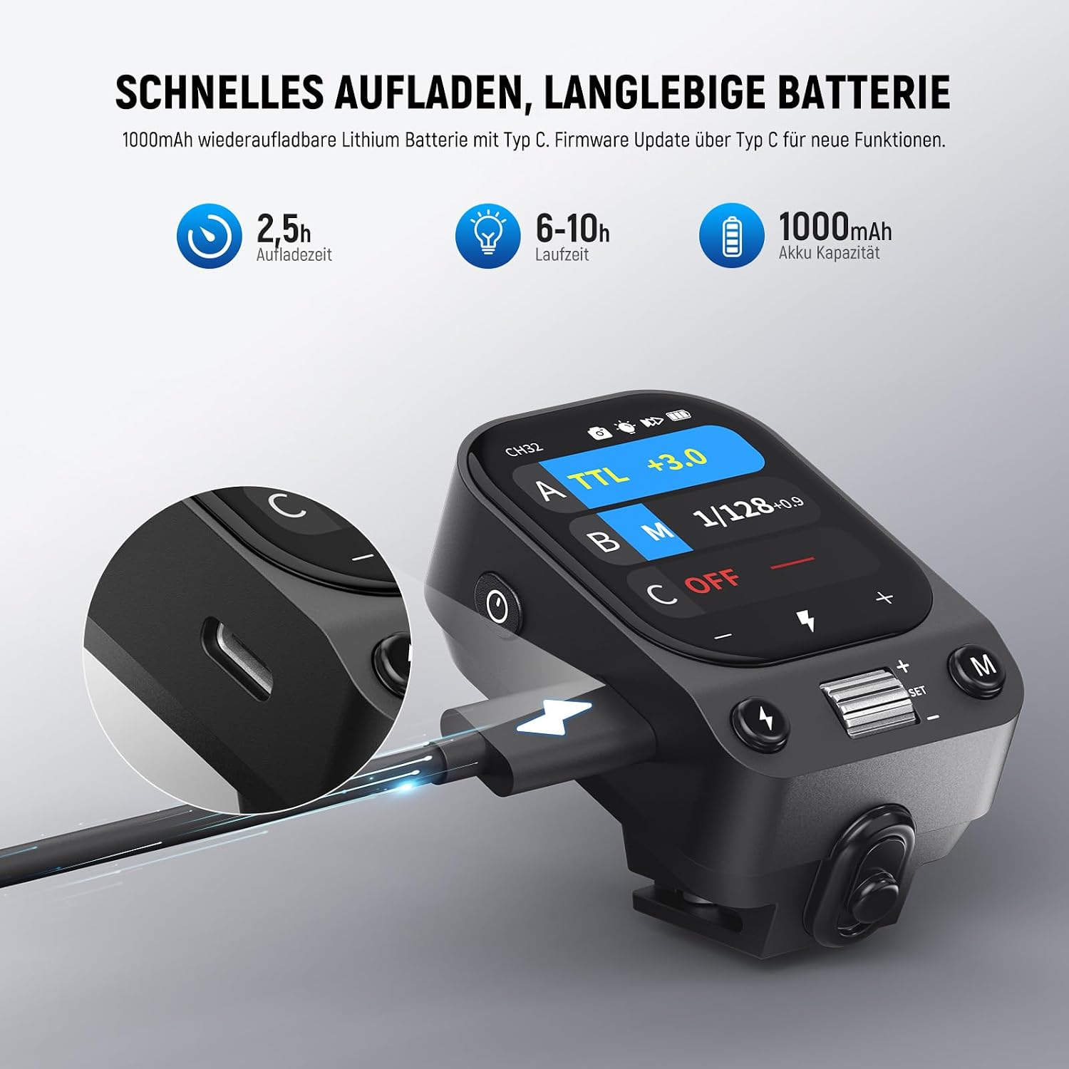 Detalle 2 de NEEWER QZ-C TTL Funk-Blitzauslöser für Canon mit OLED-Touchscreen, 1/8000s HSS und 1000-mAh Akku